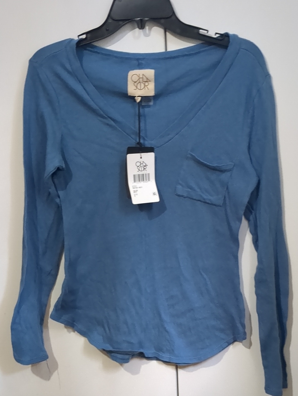 Chaser Dusty Blue V-Neck Long Sleeve Pocket Tee - Chaser